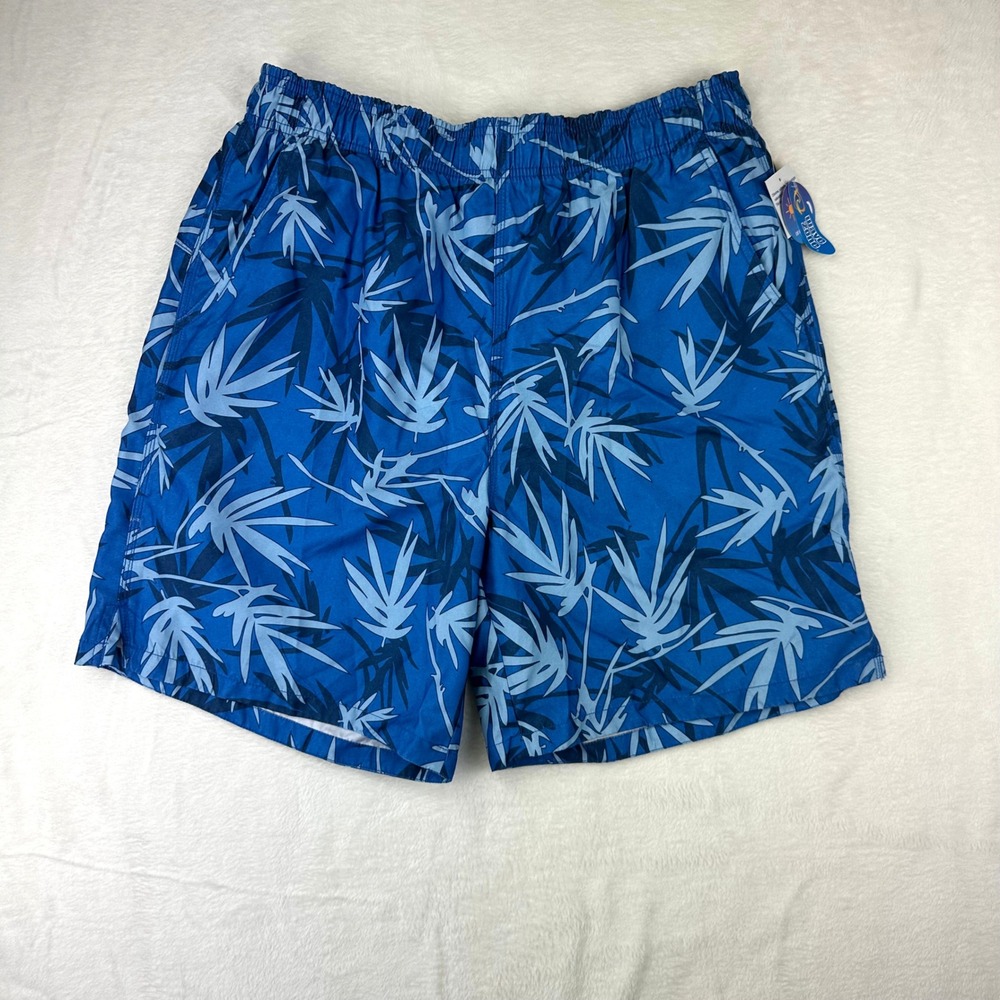 Wave Zone Swim Trunks Mens L Blue Tropical Palm Relaxed Board Shorts Y2K
